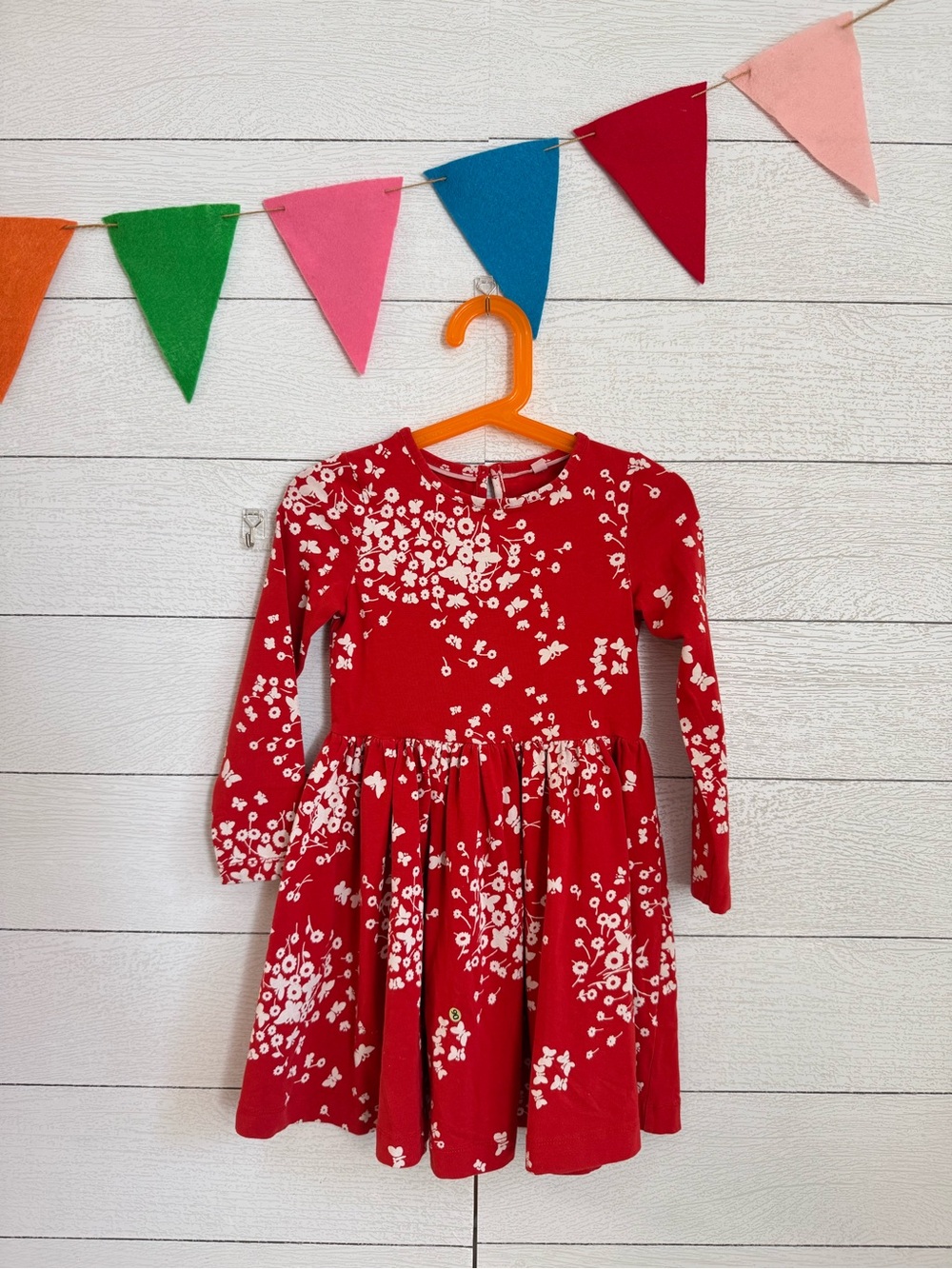 Mini Boden Girls Red Floral Butterfly Long-Sleeve Dress